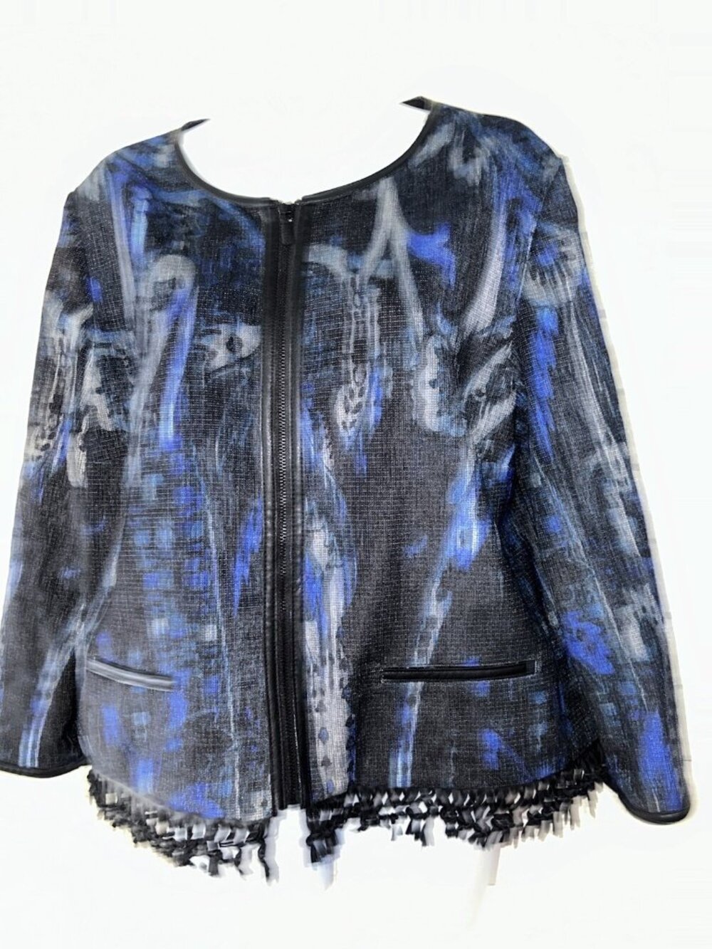 T Tahari Brunella Sz LARGE Fringed Paisley Jacket Blue Faux Leather Trim *VGUC